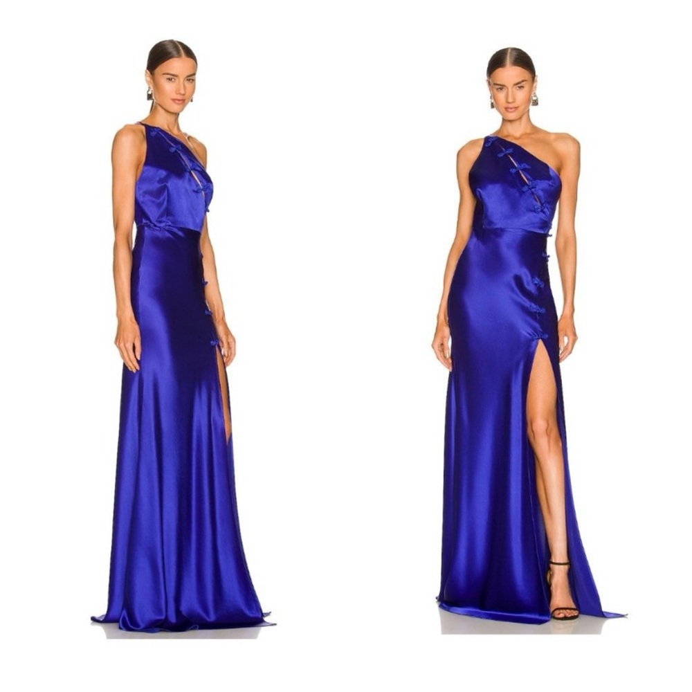 Sau Lee Heidi one-shoulder satin gown in Cobalt blue
